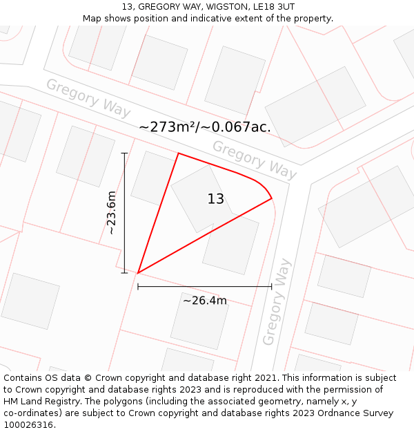 13, GREGORY WAY, WIGSTON, LE18 3UT: Plot and title map