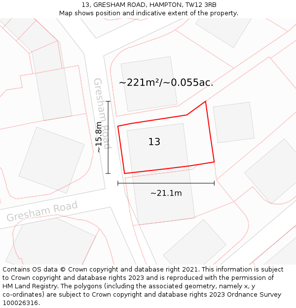 13, GRESHAM ROAD, HAMPTON, TW12 3RB: Plot and title map