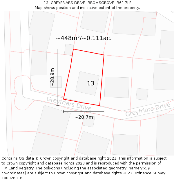 13, GREYFRIARS DRIVE, BROMSGROVE, B61 7LF: Plot and title map