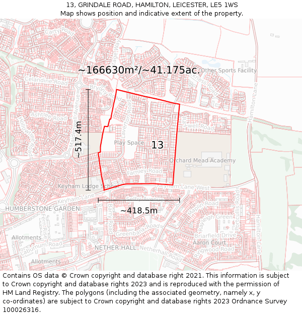 13, GRINDALE ROAD, HAMILTON, LEICESTER, LE5 1WS: Plot and title map