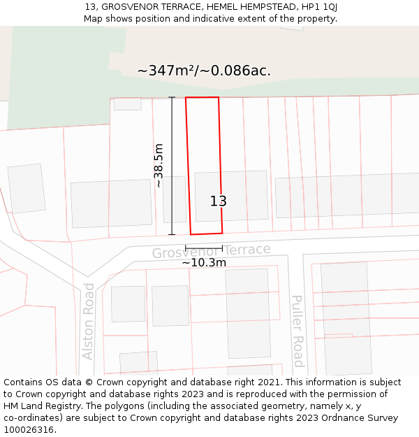 13, GROSVENOR TERRACE, HEMEL HEMPSTEAD, HP1 1QJ: Plot and title map