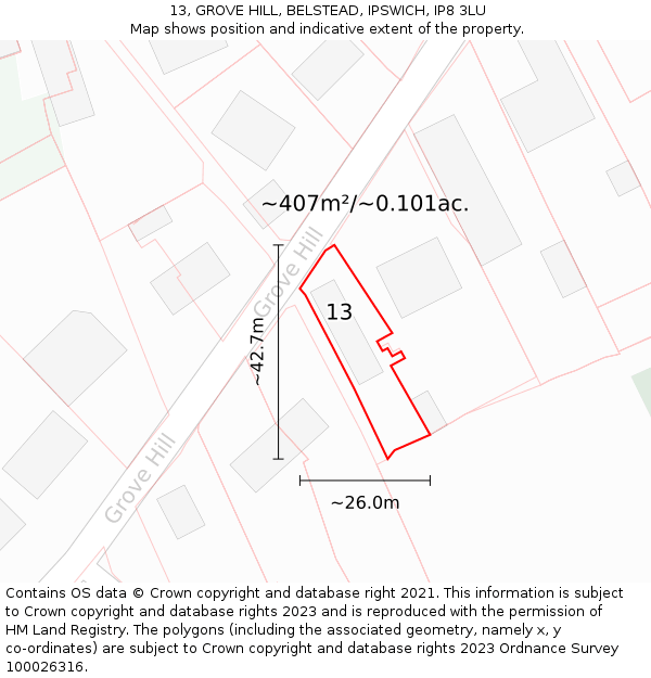 13, GROVE HILL, BELSTEAD, IPSWICH, IP8 3LU: Plot and title map
