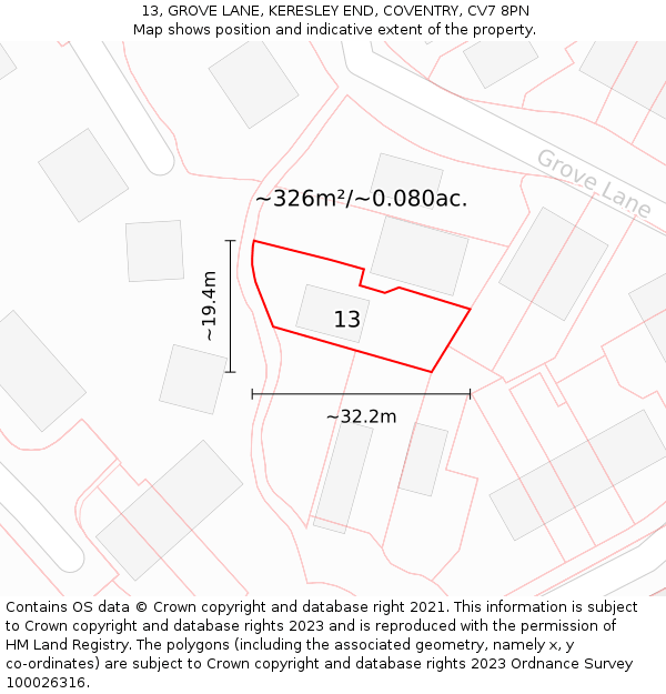 13, GROVE LANE, KERESLEY END, COVENTRY, CV7 8PN: Plot and title map
