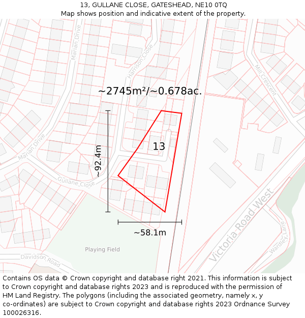 13, GULLANE CLOSE, GATESHEAD, NE10 0TQ: Plot and title map