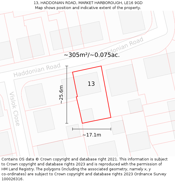 13, HADDONIAN ROAD, MARKET HARBOROUGH, LE16 9GD: Plot and title map