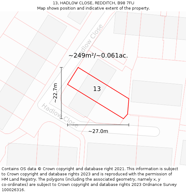 13, HADLOW CLOSE, REDDITCH, B98 7FU: Plot and title map