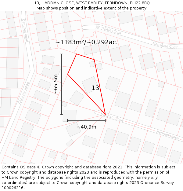 13, HADRIAN CLOSE, WEST PARLEY, FERNDOWN, BH22 8RQ: Plot and title map