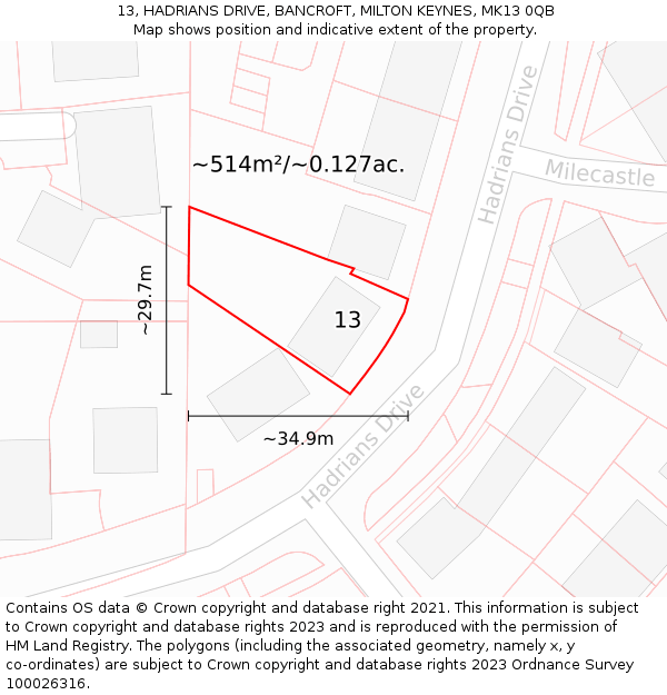 13, HADRIANS DRIVE, BANCROFT, MILTON KEYNES, MK13 0QB: Plot and title map