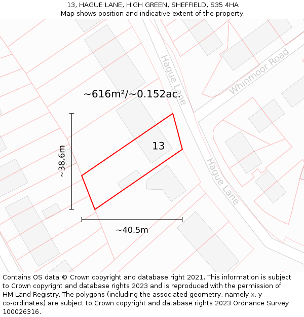 13, HAGUE LANE, HIGH GREEN, SHEFFIELD, S35 4HA: Plot and title map