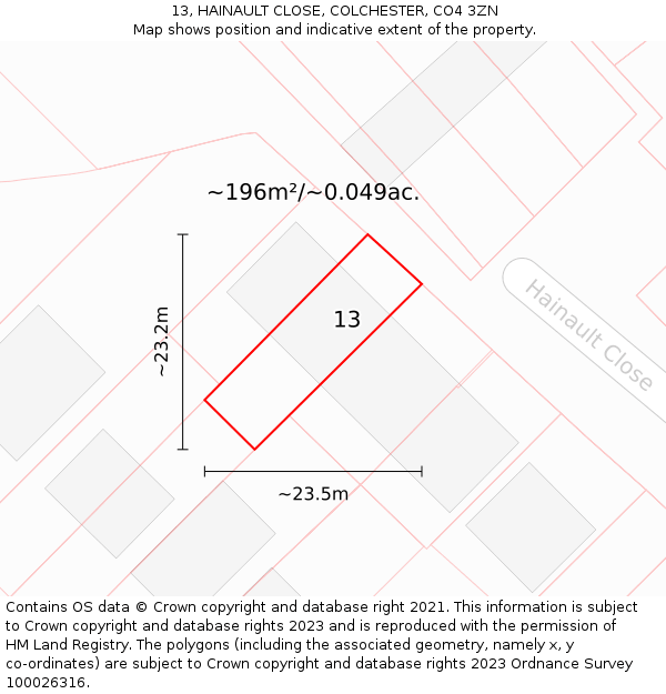 13, HAINAULT CLOSE, COLCHESTER, CO4 3ZN: Plot and title map