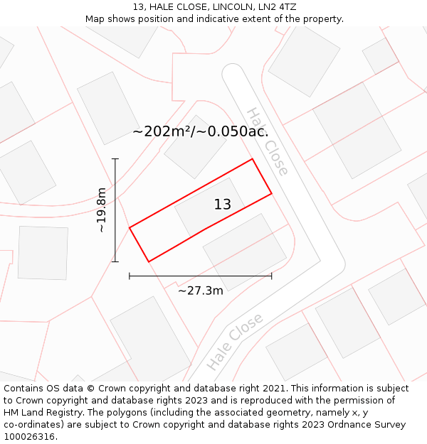 13, HALE CLOSE, LINCOLN, LN2 4TZ: Plot and title map