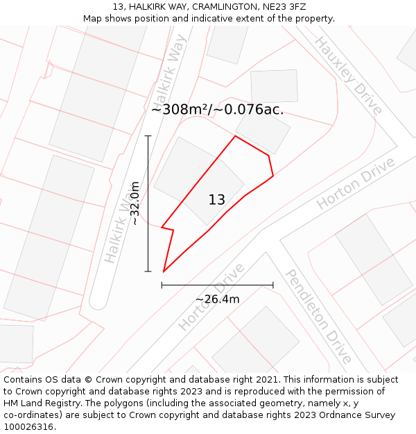 13, HALKIRK WAY, CRAMLINGTON, NE23 3FZ: Plot and title map