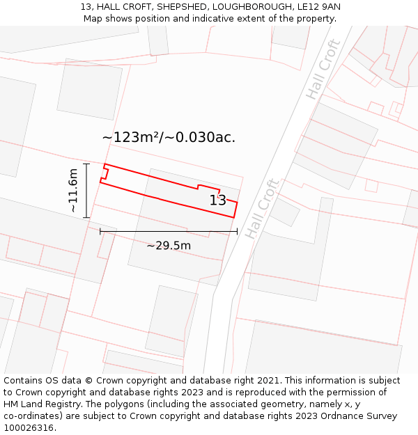 13, HALL CROFT, SHEPSHED, LOUGHBOROUGH, LE12 9AN: Plot and title map