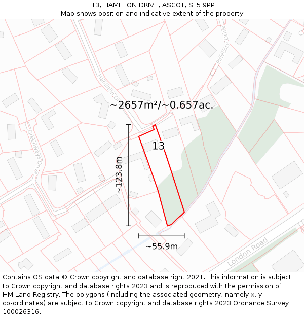 13, HAMILTON DRIVE, ASCOT, SL5 9PP: Plot and title map