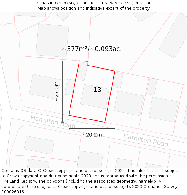 13, HAMILTON ROAD, CORFE MULLEN, WIMBORNE, BH21 3PH: Plot and title map