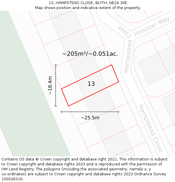 13, HAMPSTEAD CLOSE, BLYTH, NE24 3XE: Plot and title map