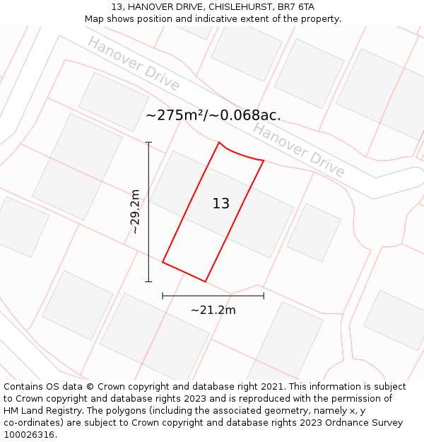 13, HANOVER DRIVE, CHISLEHURST, BR7 6TA: Plot and title map