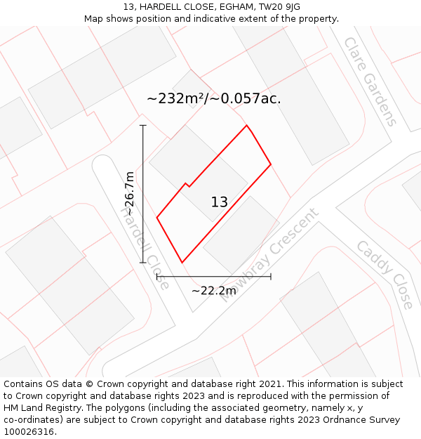 13, HARDELL CLOSE, EGHAM, TW20 9JG: Plot and title map