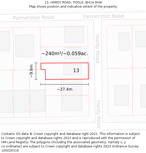 13, HARDY ROAD, POOLE, BH14 9HW: Plot and title map
