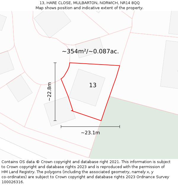 13, HARE CLOSE, MULBARTON, NORWICH, NR14 8QQ: Plot and title map