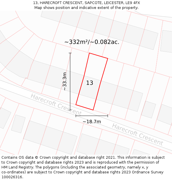 13, HARECROFT CRESCENT, SAPCOTE, LEICESTER, LE9 4FX: Plot and title map