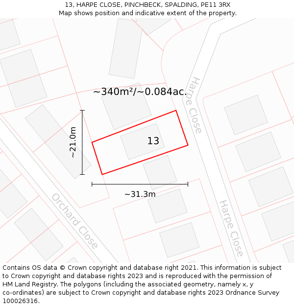 13, HARPE CLOSE, PINCHBECK, SPALDING, PE11 3RX: Plot and title map