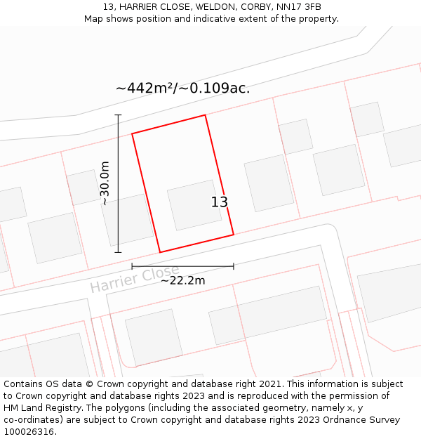 13, HARRIER CLOSE, WELDON, CORBY, NN17 3FB: Plot and title map