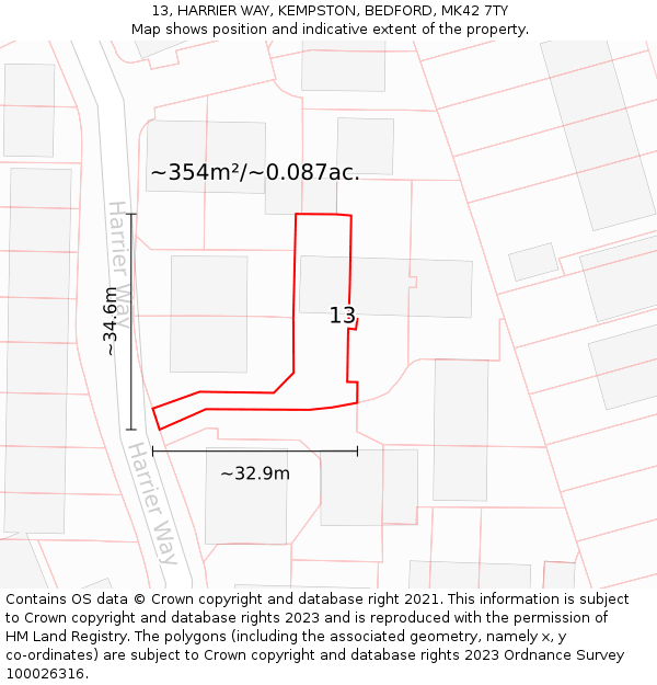 13, HARRIER WAY, KEMPSTON, BEDFORD, MK42 7TY: Plot and title map
