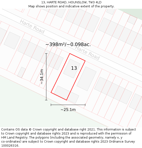 13, HARTE ROAD, HOUNSLOW, TW3 4LD: Plot and title map