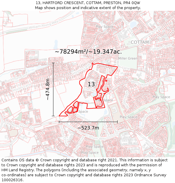13, HARTFORD CRESCENT, COTTAM, PRESTON, PR4 0QW: Plot and title map