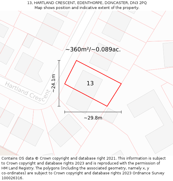 13, HARTLAND CRESCENT, EDENTHORPE, DONCASTER, DN3 2PQ: Plot and title map