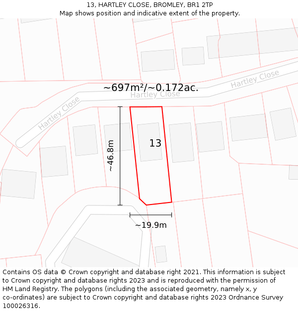 13, HARTLEY CLOSE, BROMLEY, BR1 2TP: Plot and title map