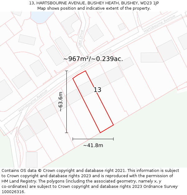 13, HARTSBOURNE AVENUE, BUSHEY HEATH, BUSHEY, WD23 1JP: Plot and title map