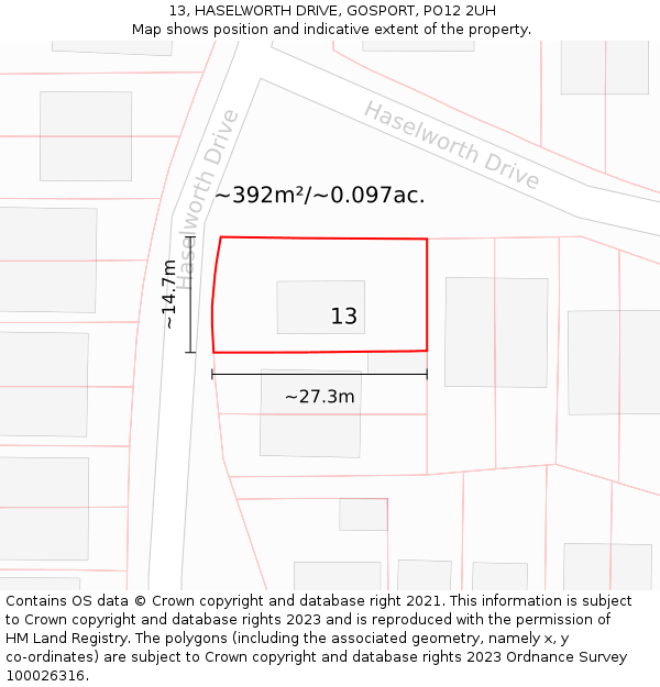 13, HASELWORTH DRIVE, GOSPORT, PO12 2UH: Plot and title map