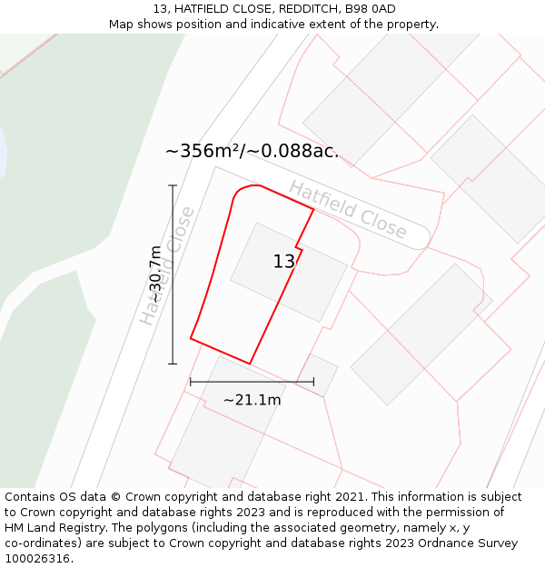 13, HATFIELD CLOSE, REDDITCH, B98 0AD: Plot and title map