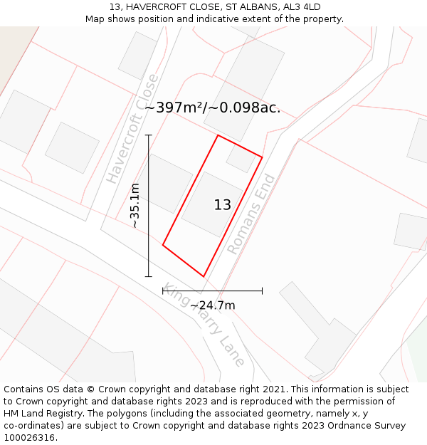 13, HAVERCROFT CLOSE, ST ALBANS, AL3 4LD: Plot and title map