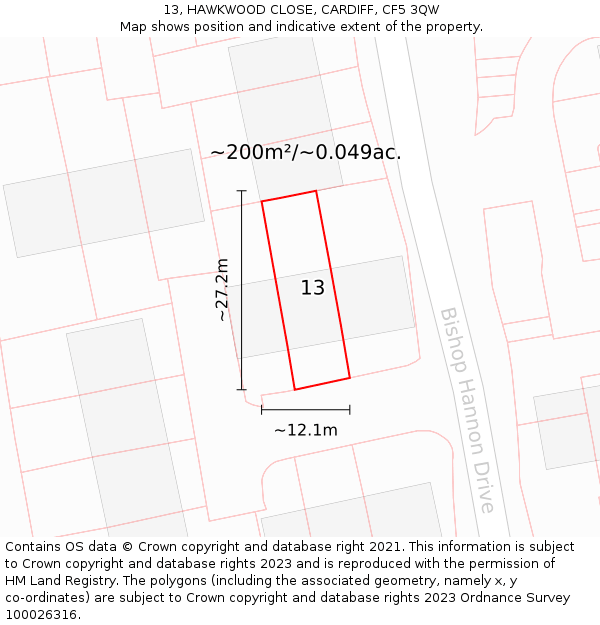 13, HAWKWOOD CLOSE, CARDIFF, CF5 3QW: Plot and title map