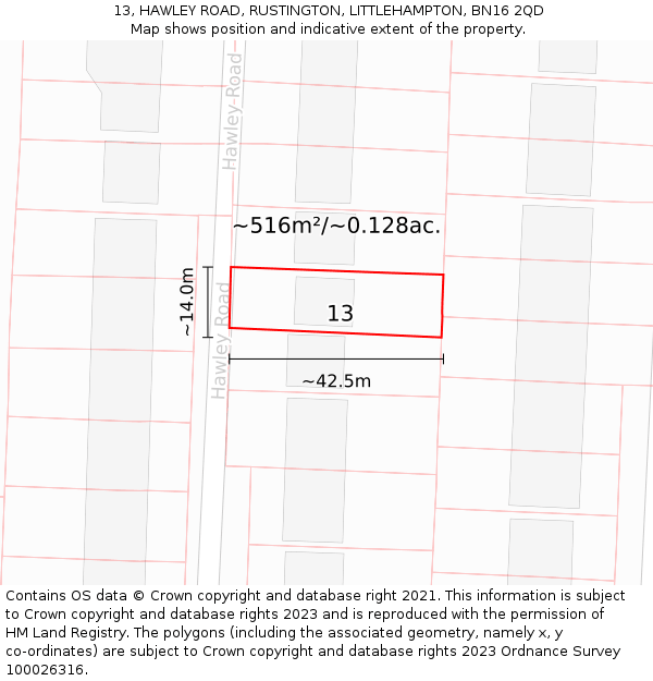 13, HAWLEY ROAD, RUSTINGTON, LITTLEHAMPTON, BN16 2QD: Plot and title map