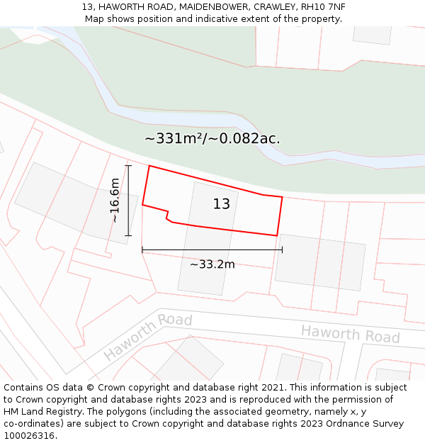 13, HAWORTH ROAD, MAIDENBOWER, CRAWLEY, RH10 7NF: Plot and title map
