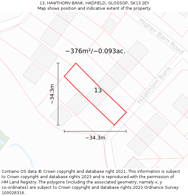 13, HAWTHORN BANK, HADFIELD, GLOSSOP, SK13 2EY: Plot and title map