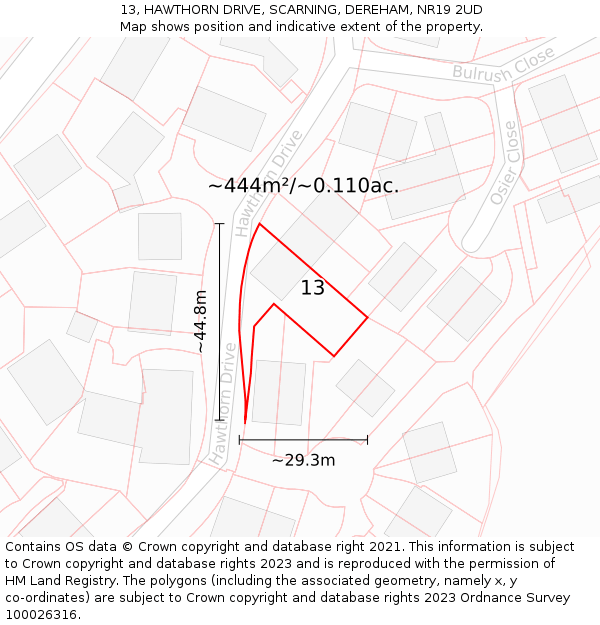 13, HAWTHORN DRIVE, SCARNING, DEREHAM, NR19 2UD: Plot and title map