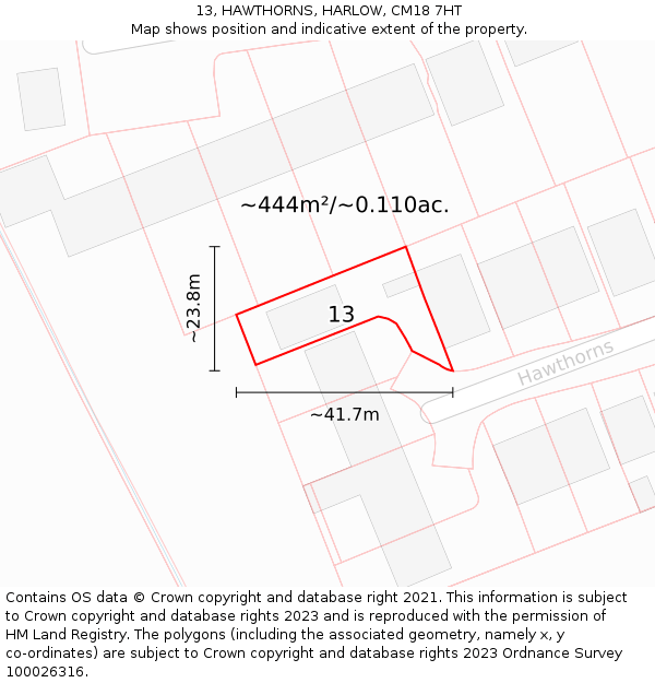 13, HAWTHORNS, HARLOW, CM18 7HT: Plot and title map