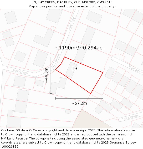 13, HAY GREEN, DANBURY, CHELMSFORD, CM3 4NU: Plot and title map