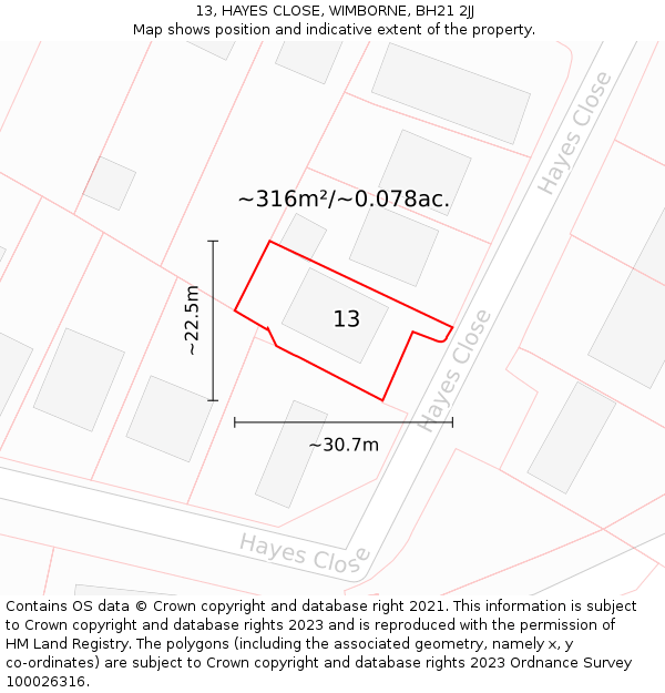 13, HAYES CLOSE, WIMBORNE, BH21 2JJ: Plot and title map
