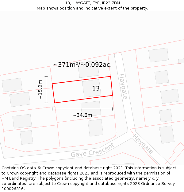 13, HAYGATE, EYE, IP23 7BN: Plot and title map