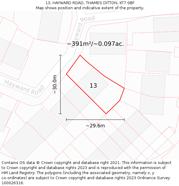 13, HAYWARD ROAD, THAMES DITTON, KT7 0BF: Plot and title map
