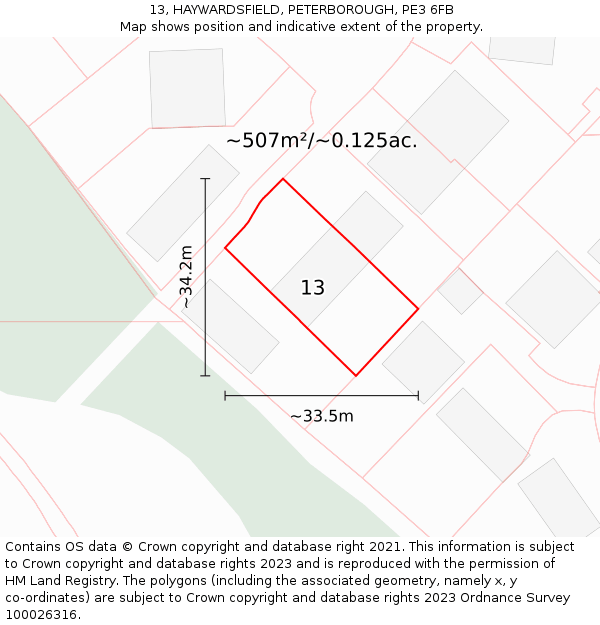 13, HAYWARDSFIELD, PETERBOROUGH, PE3 6FB: Plot and title map