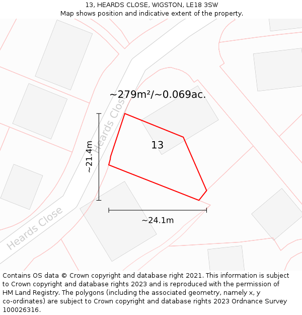 13, HEARDS CLOSE, WIGSTON, LE18 3SW: Plot and title map
