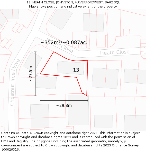 13, HEATH CLOSE, JOHNSTON, HAVERFORDWEST, SA62 3QL: Plot and title map