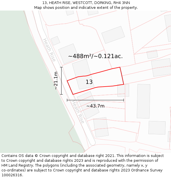 13, HEATH RISE, WESTCOTT, DORKING, RH4 3NN: Plot and title map